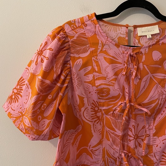 Melloday Floral Tie Front Top Pink Orange Size S Puff Sleeve Ruffles Boho Preppy - Picture 4 of 8
